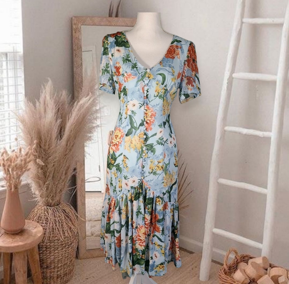 Vintage Floral Drop Waist Button Down Dress